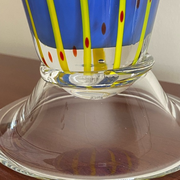 Gorgeous Cased Blue Vase w/ Yellow Pin Stripes Red Hand Blown Pontil Art Glass - Picture 9 of 12